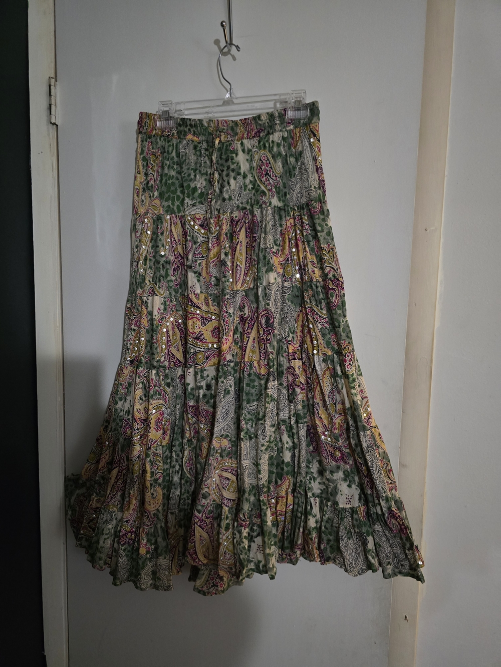 Bohemian A-Line Tiered Maxi Skirt in Green & Yellow Paisley